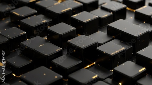 A close-up of a black keyboard showcases keys with intricate golden edges. The soft glow highlights the uniqueness of each key creating a striking visual effect.