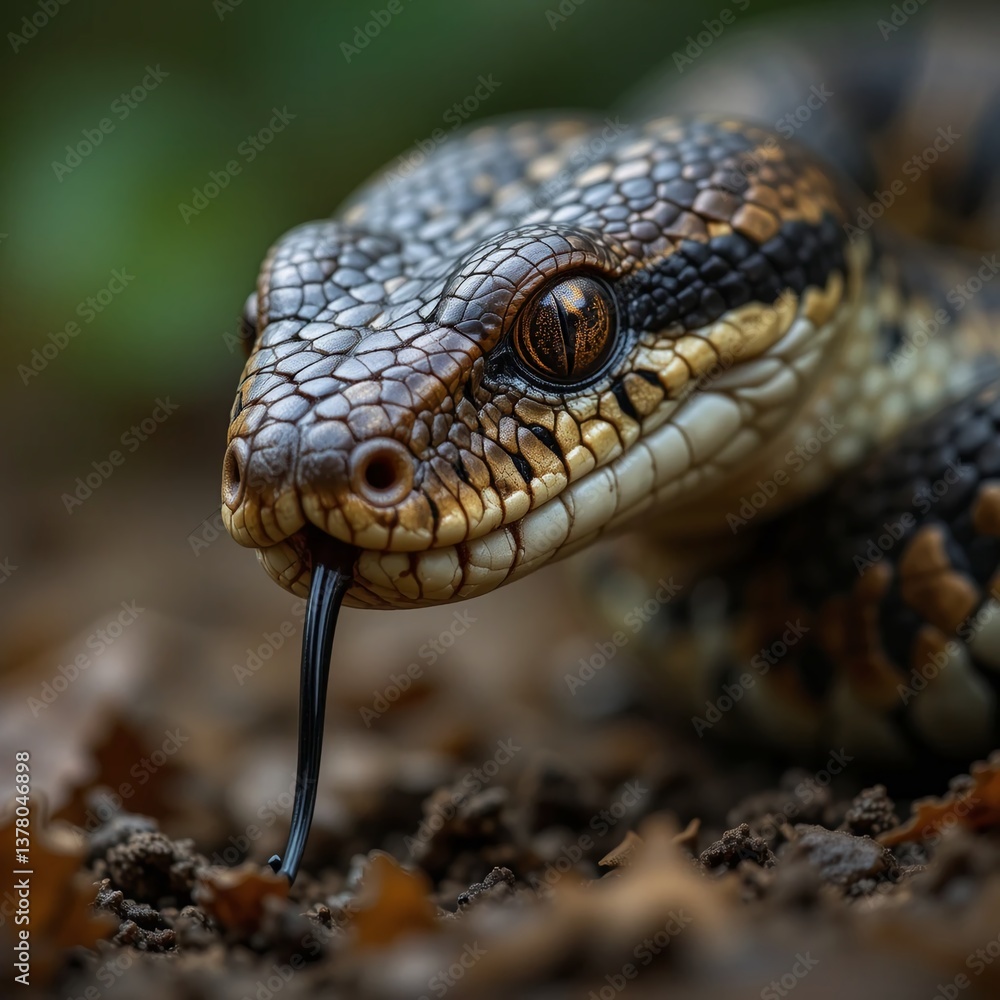 Obraz premium Close-up of a snake's head, showcasing intricate scales and a captivating gaze. The shallow depth of field and dark background emphasize the reptile's details, creating a dramatic and intense image.