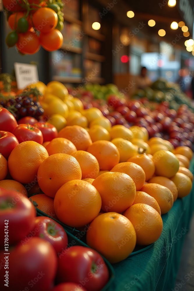 Bright and fresh tomatoes illuminated by warm sunset light at a farmer's market, showcasing organic produce and the seasonal freshness of locally sourced fruits and vegetables.