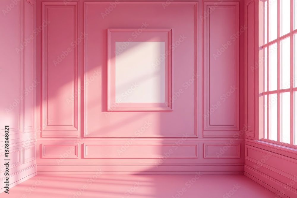 3D pink room with an empty picture frame on the wall for artwork mockup. AI generated illustration. 3D pink room with an empty picture frame on the wall for artwork mockup. AI generated illustration.