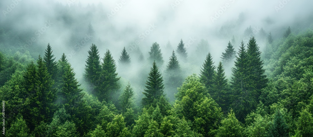 Fototapeta premium Misty Forest Canopy, Tranquil Landscape, Nature Photography
