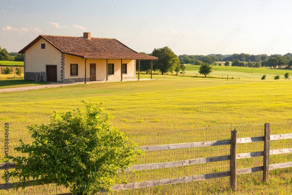 Obraz premium Serene Country House Surrounded by Lush Green Fields at Sunset