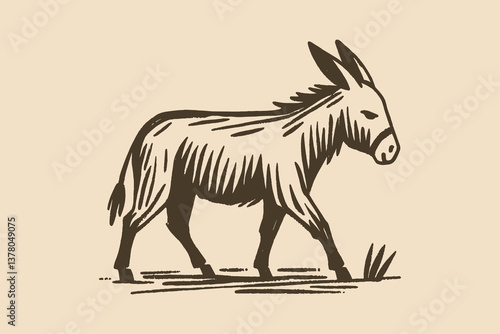 Minimalistic hand-drawn donkey with bold brown lines on beige