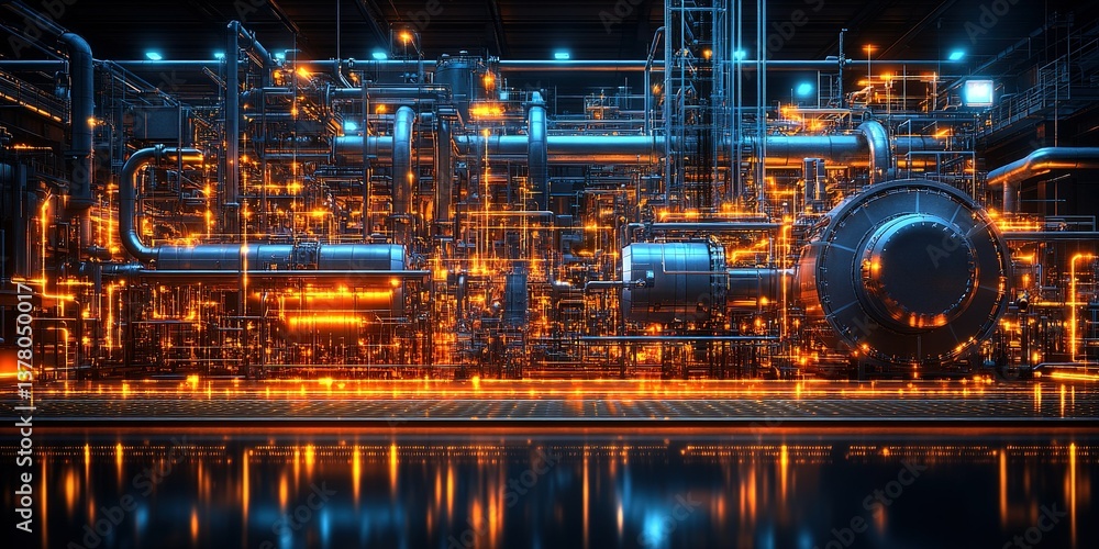 Industrial facility showcasing advanced machinery and intricate pipework during nighttime illumination Industrial facility showcasing advanced machinery and intricate pipework during nighttime illumination