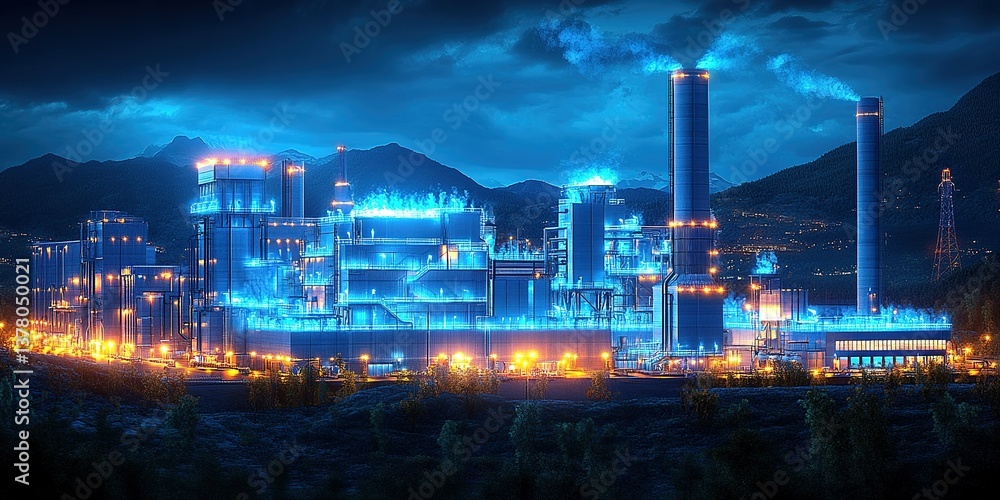 Fototapeta premium Brightly lit industrial plant against a stunning night sky with mountains in the background