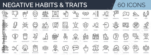 Set of 60 outline icons related to negative habits and traits. Linear icon collection. Editable stroke. Vector illustration	