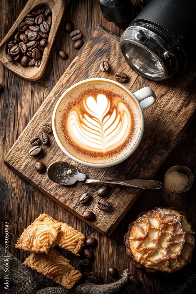Experience a cozy setup with cappuccino and pastries inviting you to indulge. Experience a cozy setup with cappuccino and pastries inviting you to indulge.