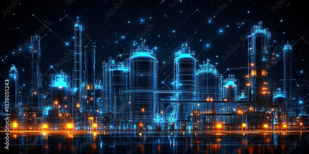 Obraz premium Illuminated industrial complex at night showcasing advanced technology and vibrant colors