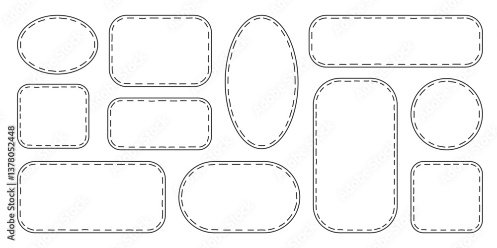 Minimalist stitched outline frames in various shapes. Simple rounded frames with dashed border. Geometric label set. Great for DIY projects, templates, scrapbooking, gift tags, product packaging Minimalist stitched outline frames in various shapes. Simple rounded frames with dashed border. Geometric label set. Great for DIY projects, templates, scrapbooking, gift tags, product packaging