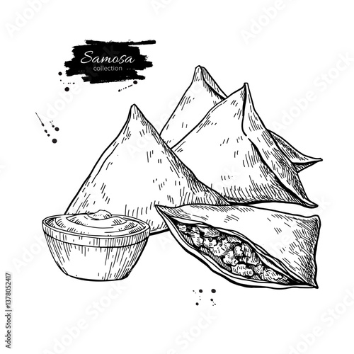 Punjabi Samosa vector food drawing. Indian street food with sauce sketch. Pakistani snacks illustration