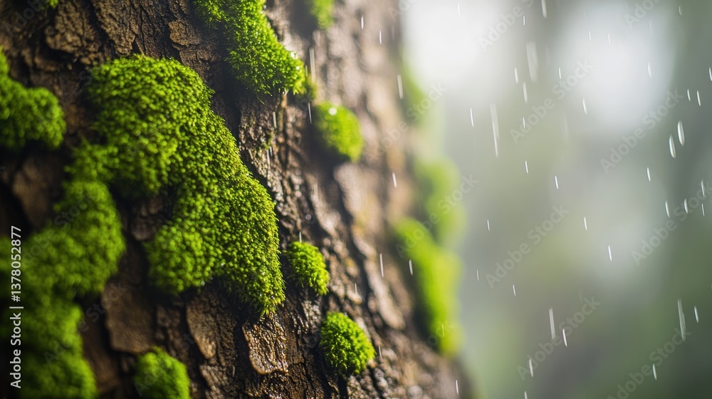 Lush green moss growing on tree bark during a gentle rain in a serene forest environment Lush green moss growing on tree bark during a gentle rain in a serene forest environment