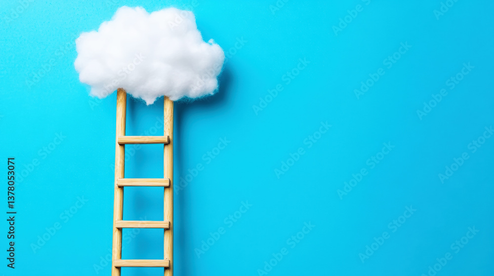 Wooden ladder reaching fluffy white cloud, blue background. Concept of dreams, goals, success, ambition. Generative AI Wooden ladder reaching fluffy white cloud, blue background. Concept of dreams, goals, success, ambition. Generative AI