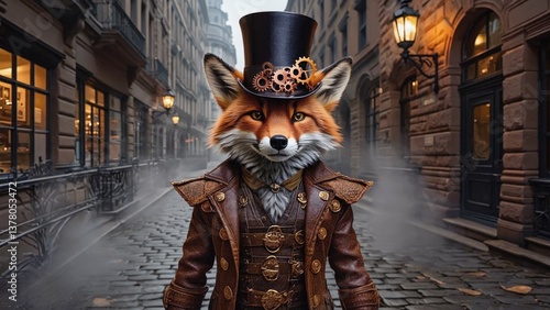 A futuristic fox in steampunk attire, complete with a top hat and accessories, perfect for sci-fi or fantasy illustrations