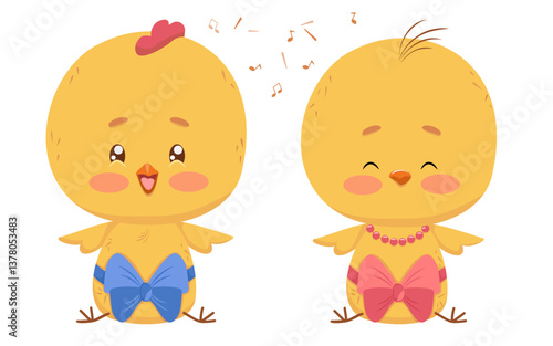 Newborn chicks of different sexes sit with their wings spread. Vector isolated drawing cute chickens in smart bows as gifts. Rooster with red comb in blue bow. Chicken in pink bow and beads