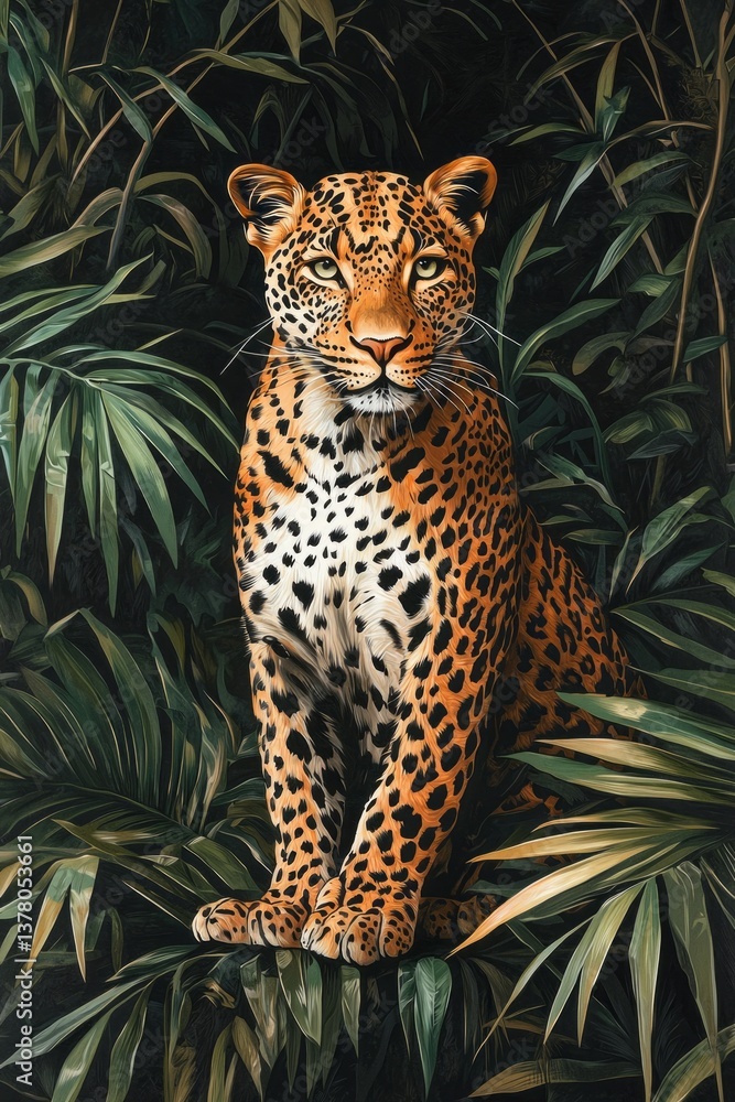 Naklejka premium A leopard is sitting in the middle of a jungle