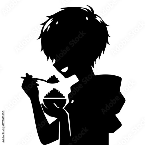 Anime boy eating rice with spoon silhouette