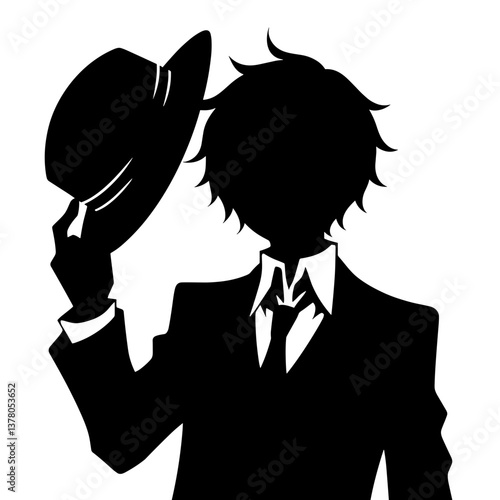 Anime boy tipping hat in silhouette style