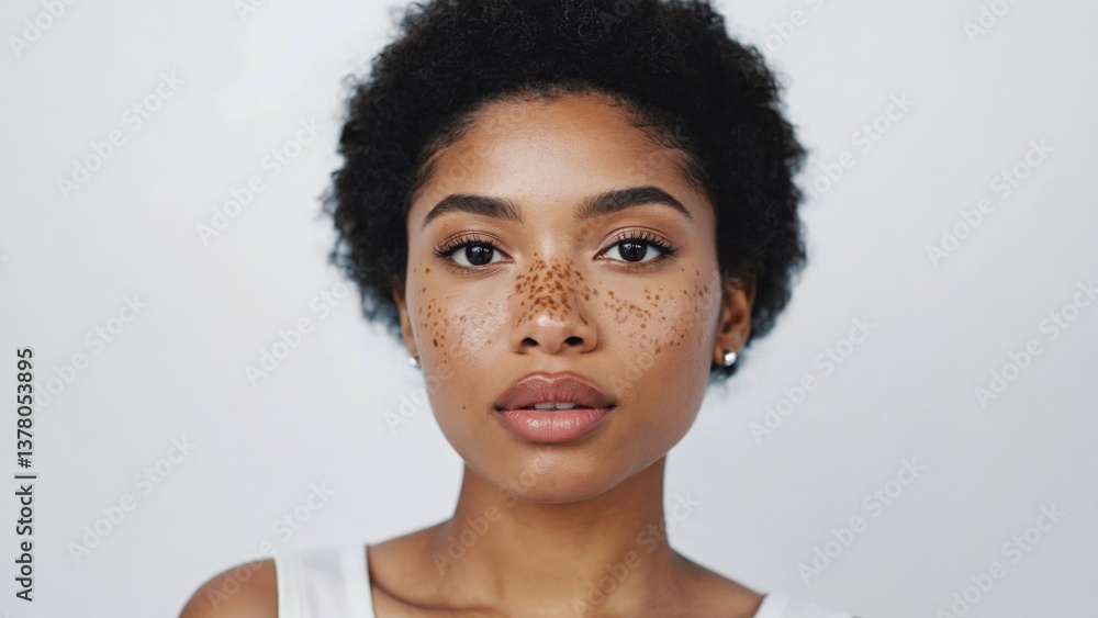 A woman with distinctive freckles on her face, great for use in beauty or personal stories A woman with distinctive freckles on her face, great for use in beauty or personal stories