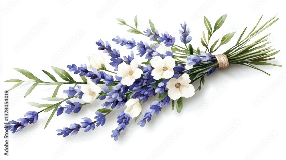 Naklejka premium Watercolor Lavender and White Flower Bouquet