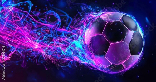 Futuristic soccer ball emitting a vibrant neon trail