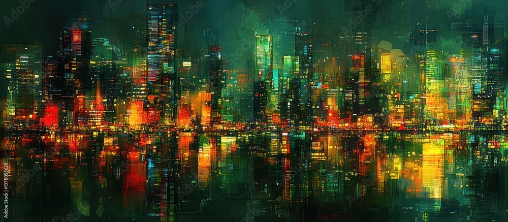 Fototapeta premium Night cityscape reflection, urban fantasy, digital art