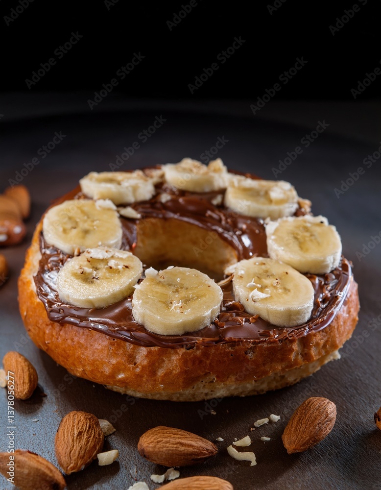 Delicious banana and chocolate topped bagel with almonds on dark background Delicious banana and chocolate topped bagel with almonds on dark background