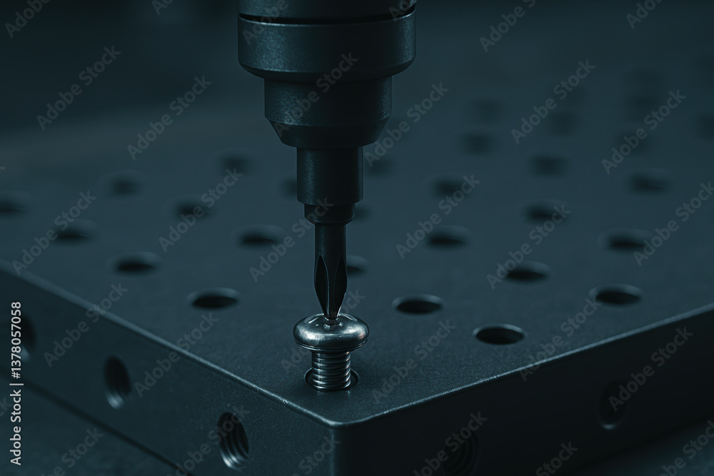 precision tool is engaged in process of fastening screw onto metal surface, showcasing engineering excellence and attention to detail precision tool is engaged in process of fastening screw onto metal surface, showcasing engineering excellence and attention to detail