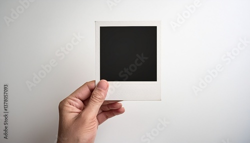 hand holding a empty polaroid photo template blank photo frame mockup vintage card on white background