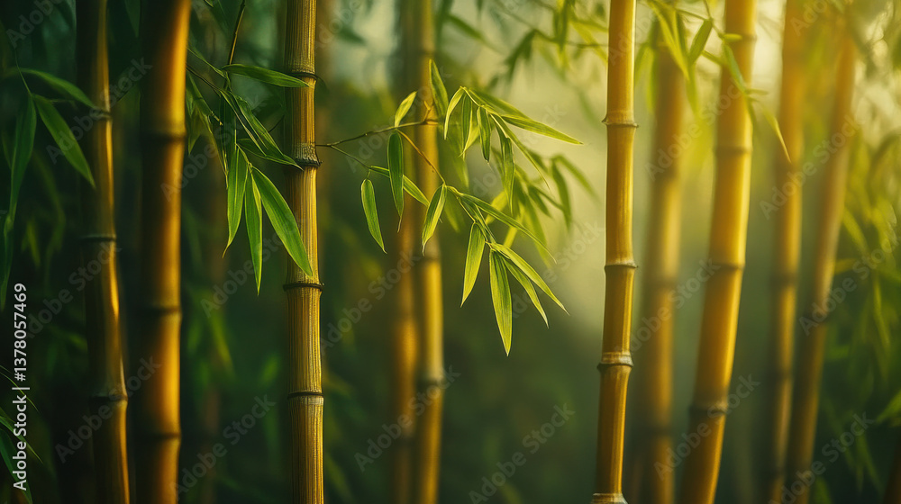 Fototapeta premium A cinematic close-up of a bamboo grove, vibrant green leaves spreading across golden-brown stalks, straight-on view