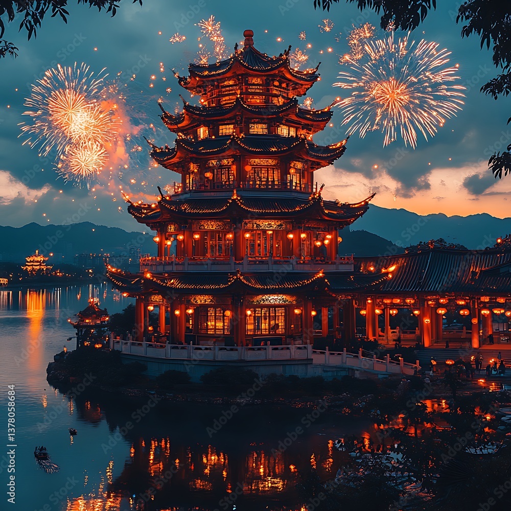Fototapeta premium Chinese New Year Temple Fireworks Celebration Festive Lights Glowing Lantern Atmosphere Photo