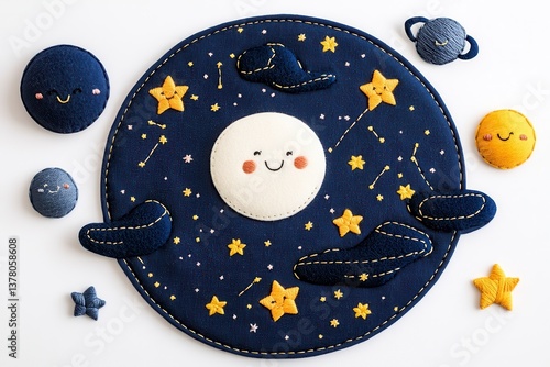 Handmade Celestial Felt Appliqu� Night Sky with Smiling Moon and Stars