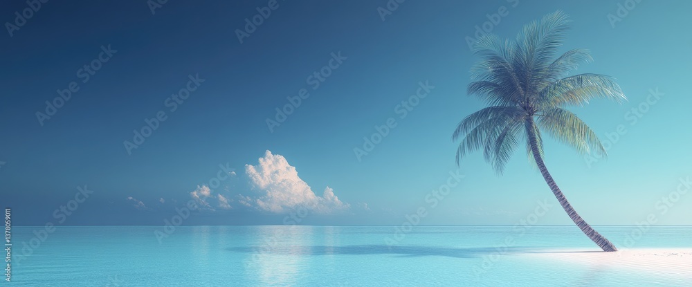 Fototapeta premium Beach scene with palm, blue sky, clear water and fluffy clouds