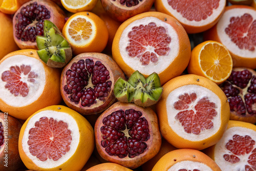 cut and stacked fruits, orange, kiwi, pomegranate