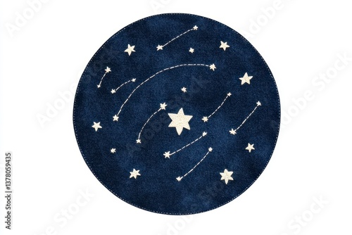 Celestial Night Sky Round Rug Embroidered Stars and Shooting Stars Design