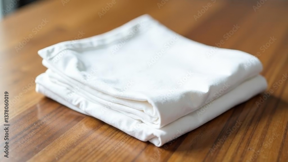 Folded white bed sheet set placed on wooden surface in natural daylight. Folded white bed sheet set placed on wooden surface in natural daylight.