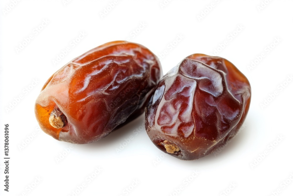 Two dates, close-up, white background, healthy snack Two dates, close-up, white background, healthy snack