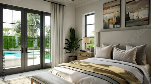 Serene master bedroom with calming colors and elegant furnishings