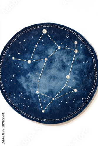 Celestial Denim Round Rug Libra Constellation Embroidered on Indigo Fabric
