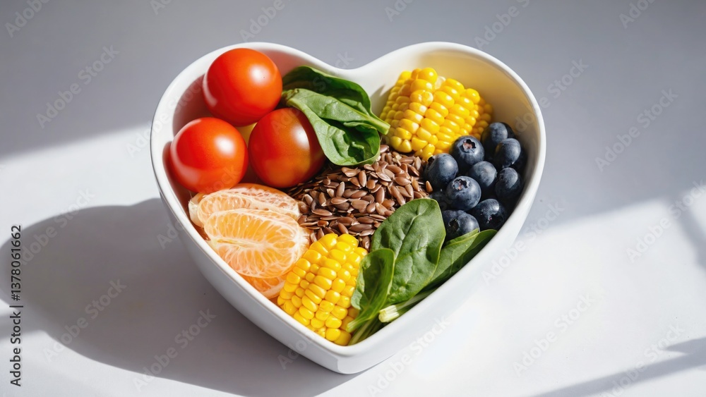 A heart-shaped bowl filled with fresh fruits and vegetables, perfect for healthy snacks or as a decoration A heart-shaped bowl filled with fresh fruits and vegetables, perfect for healthy snacks or as a decoration
