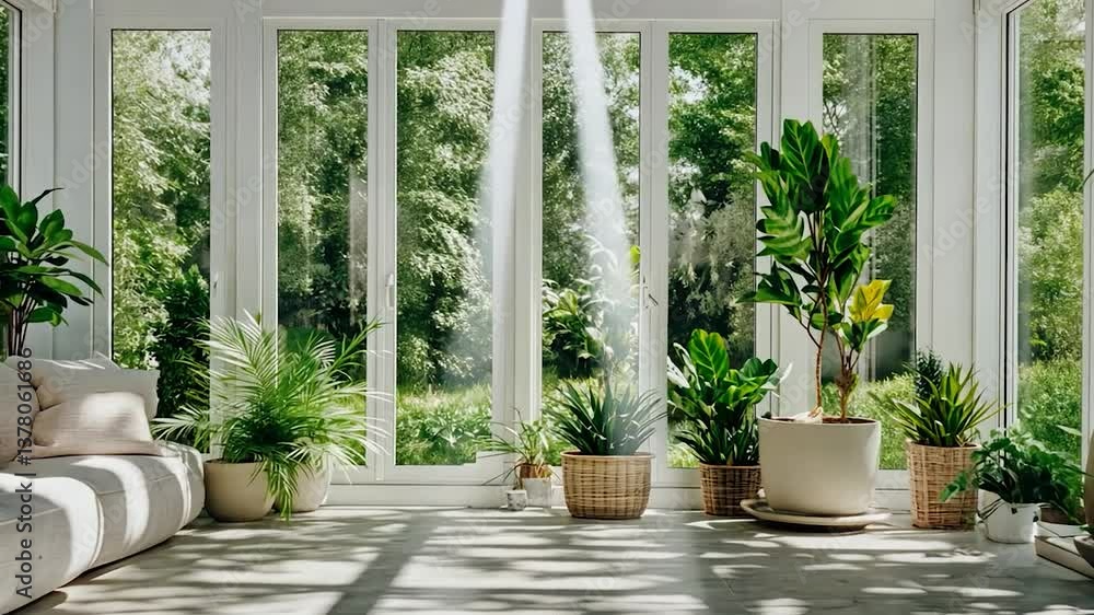 Sunlit conservatory with lush potted plants and seating Sunlit conservatory with lush potted plants and seating