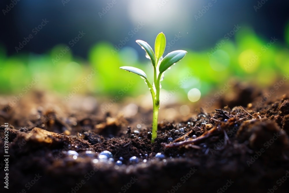 Photo of water drop on newly planted sprout outdoors leaf soil.