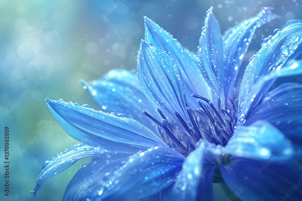 Fototapeta premium A high-resolution, macro photograph capturing a stunning blue cornflower in full bloom, adorned with delicate water droplets on its petals.