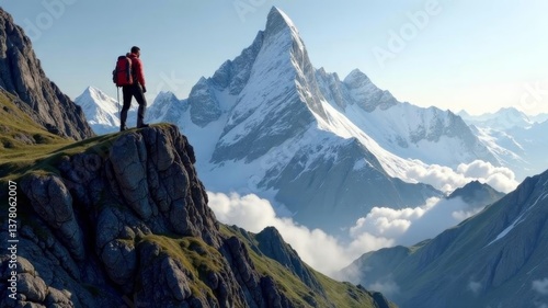Hiker on mountain peak overlooking dramatic snowy summit in morning light.