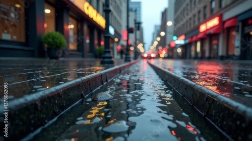 Rainwater flowing into a street drain on a wet city road during evening traffic.