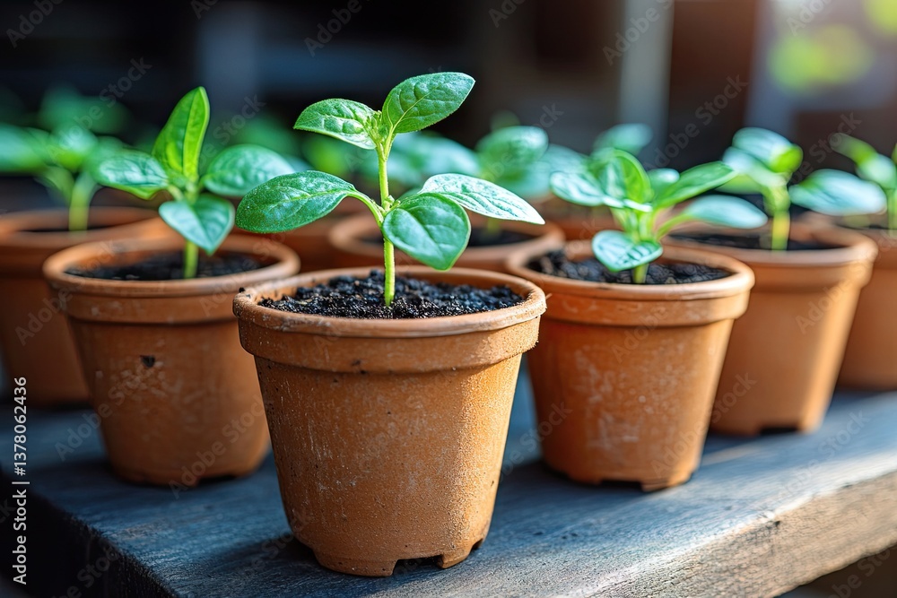 Seedlings sprout in small pots with rich soil, symbolizing new beginnings and potential growth