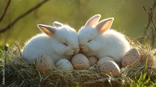 Two white rabbits and eggs resting peacefully in a nest
