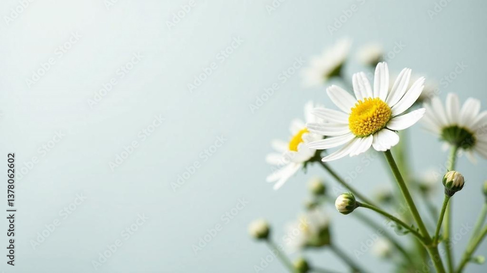 Obraz premium Camomile flowers on light blue background. Text space