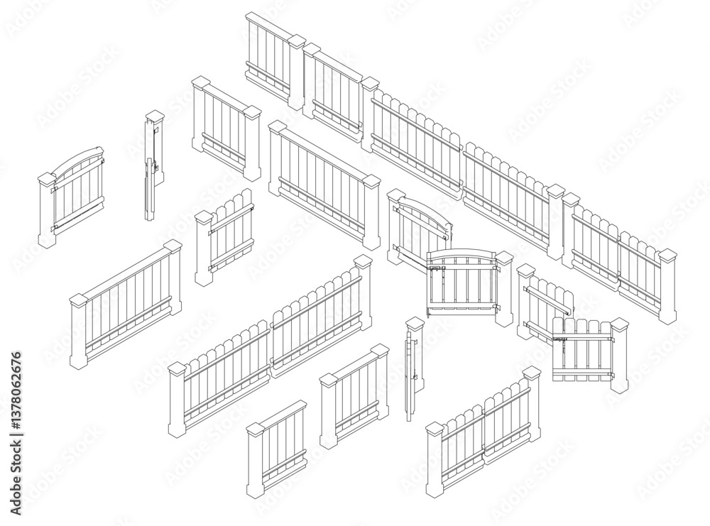 A series of blue and white drawings of Fences and other architectural elements. The drawings are all different sizes and styles, but they all share a similar theme of outdoor design. Isometric view A series of blue and white drawings of Fences and other architectural elements. The drawings are all different sizes and styles, but they all share a similar theme of outdoor design. Isometric view