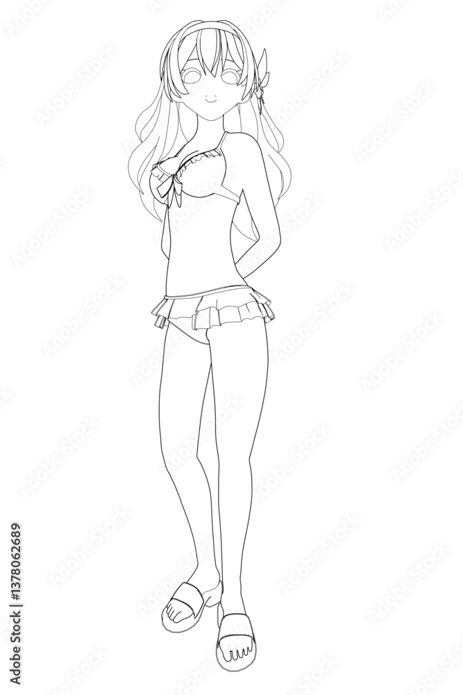 A woman in a bikini is standing in a white background. She is wearing a bikini top and a skirt