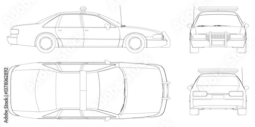A Police car is shown in a series of drawings, with the front, back, side, top views shown in detail.